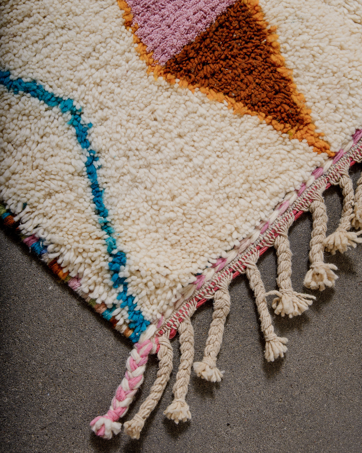 Modern, designer, handcrafted Berber rug from Morocco. Beniourain carpet with beautiful colours and patterns and fluffy wool texture.